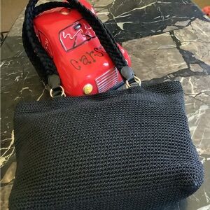 Lina large black woven crochet knit tote bag 15.5x13